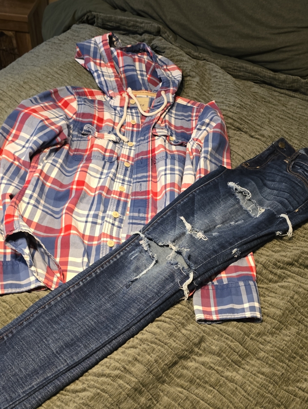Hollister Plaid Hooded Button-Down - Red, Blue & White & Jeans New